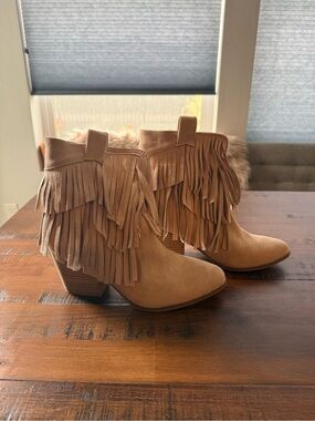 Fringed Suede Ankle Boots in Tan - Women's Western Block Heel